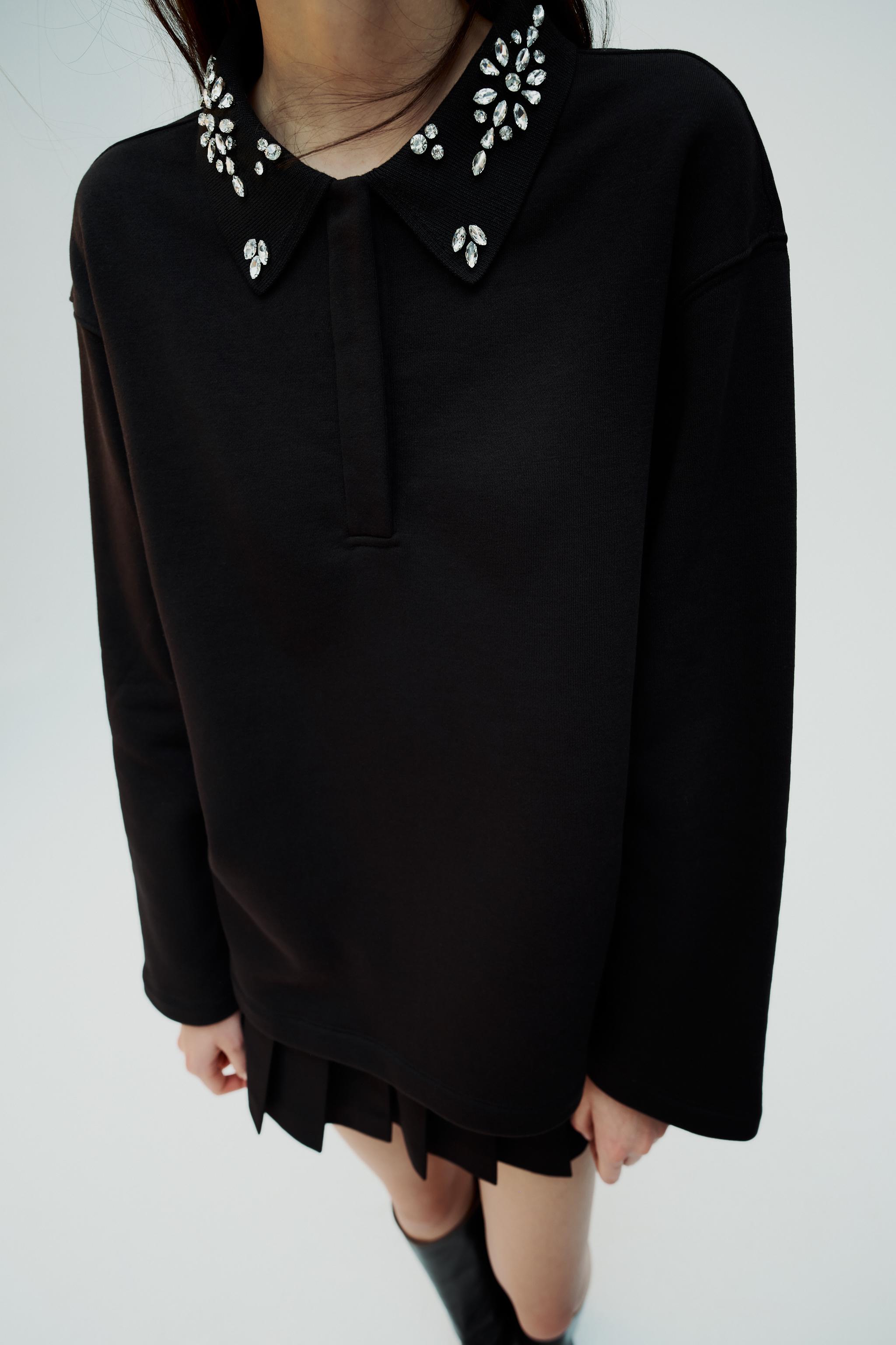 ラインストーン ポロカラー スウェットシャツ - ブラック | ZARA Japan