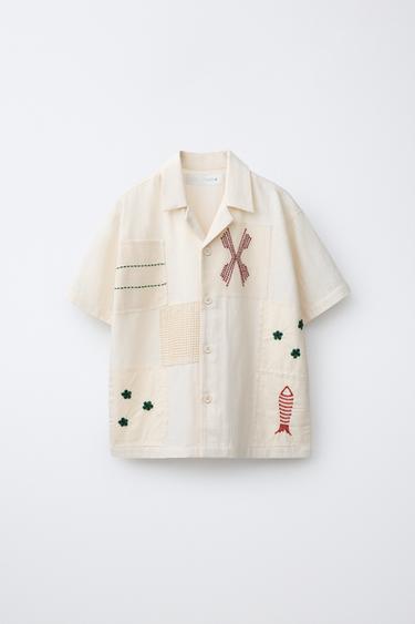 Zara EMBROIDERED PATCHWORK LINEN COTTON SHIRT - Ecru