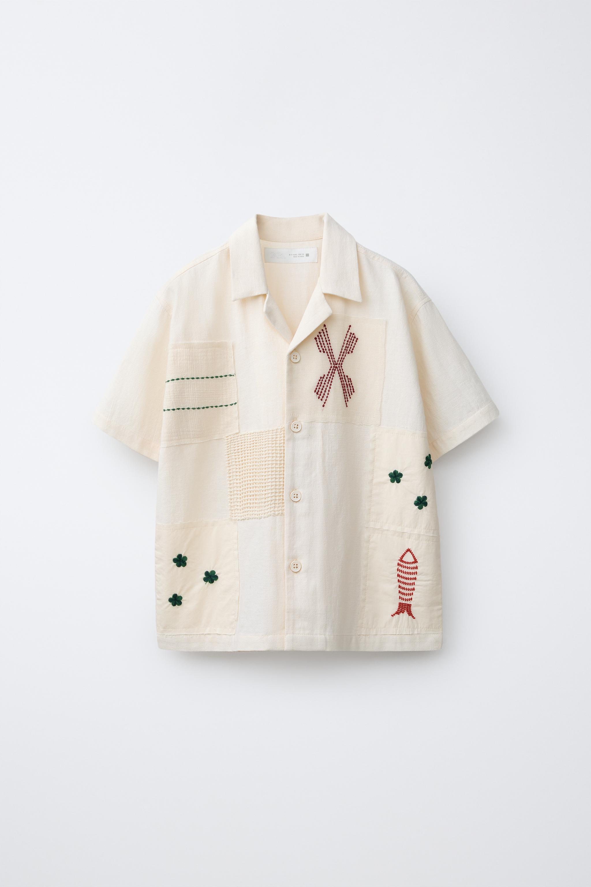 EMBROIDERED PATCHWORK LINEN COTTON SHIRT