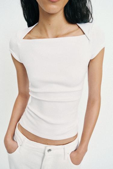 SLIM FIT SQUARE NECK T-SHIRT - White by Zara - Image 4