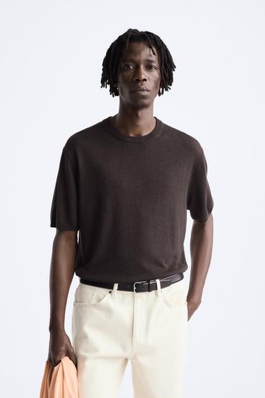 LYOCELL - LINEN KNIT T-SHIRT - Aubergine by Zara