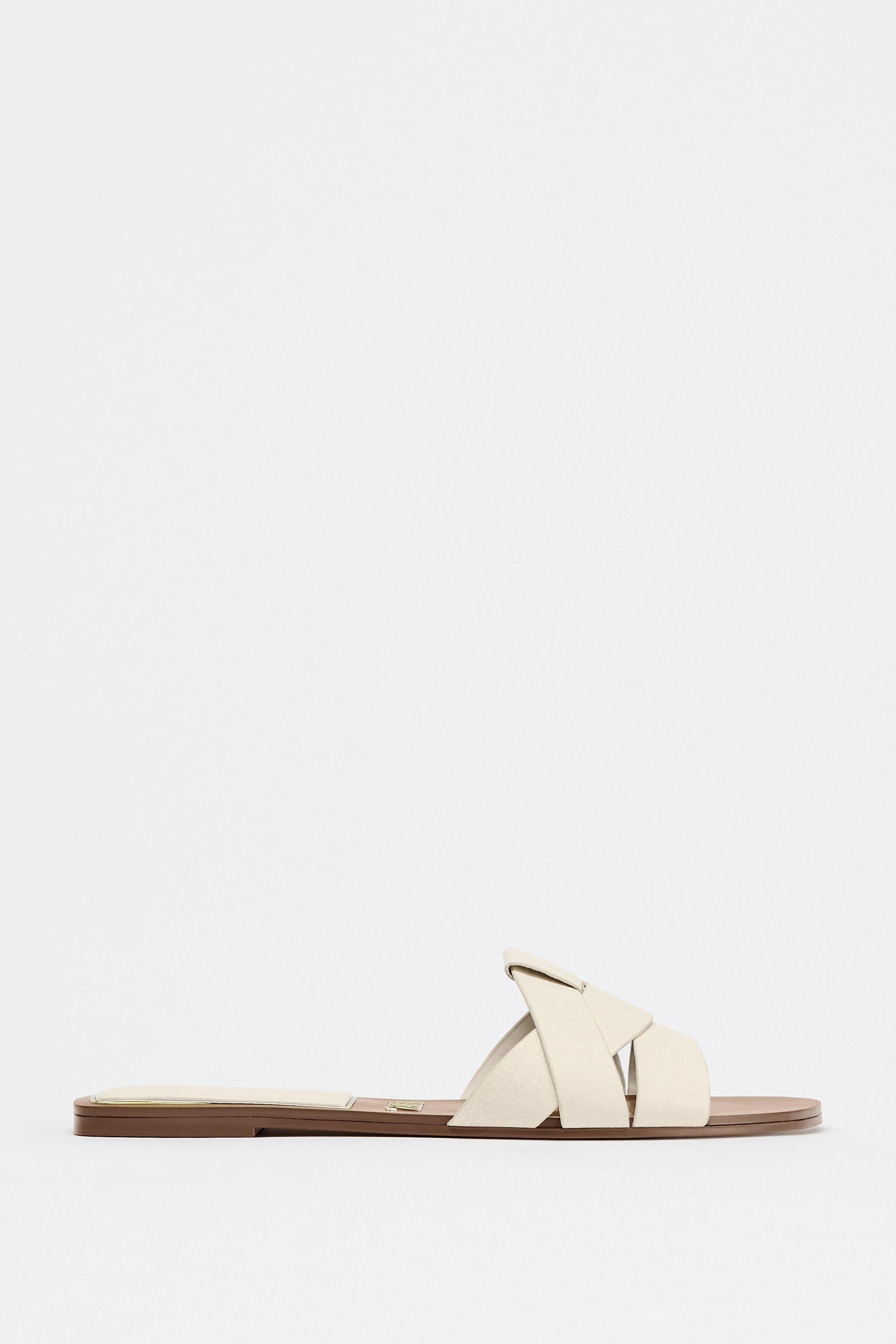 FLAT CRISS-CROSS LEATHER SLIDER SANDALS White ZARA India