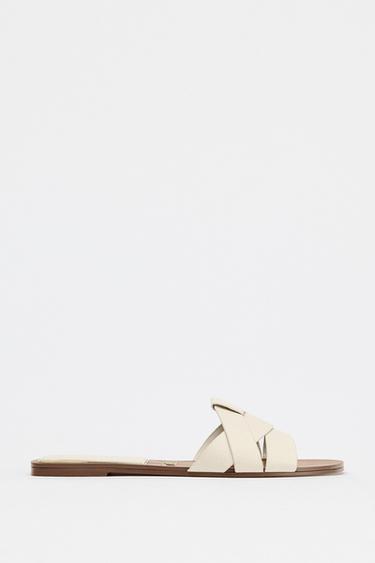 FLAT CRISS-CROSS LEATHER SLIDER SANDALS - White by Zara