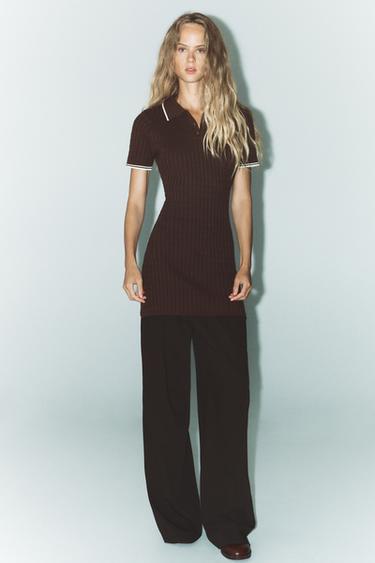 Zara CABLE KNIT MINI DRESS - Brown