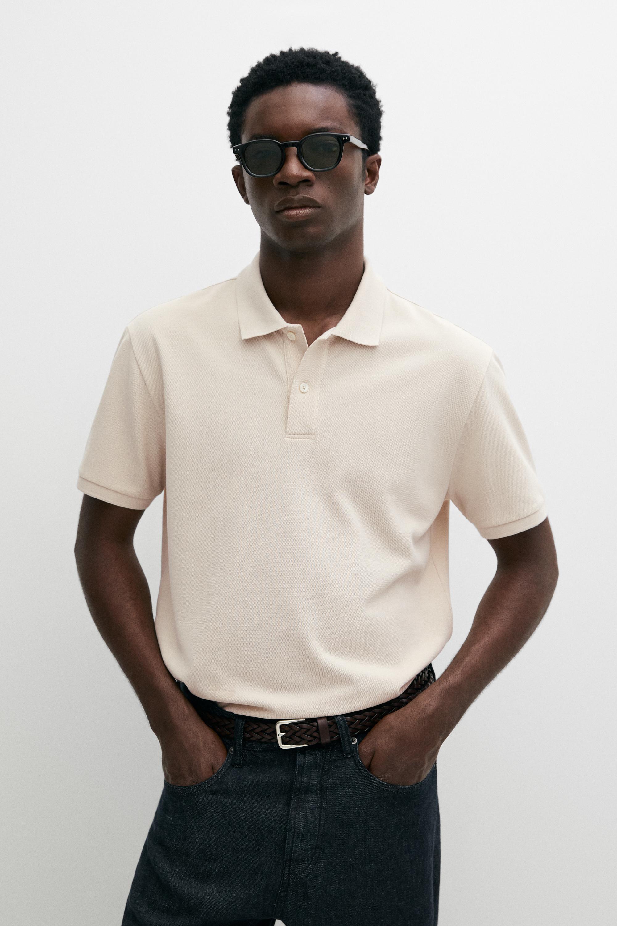Micro-textured cotton piqué polo shirt — Stone