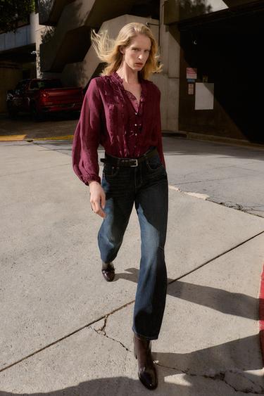 Zara RUFFLED BLOUSE - Burgundy