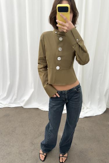 CAMICIA IN POPELINE CON BOTTONI - Kaki scuro di Zara