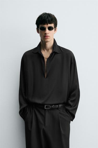 Zara SATIN POLO SHIRT - Black