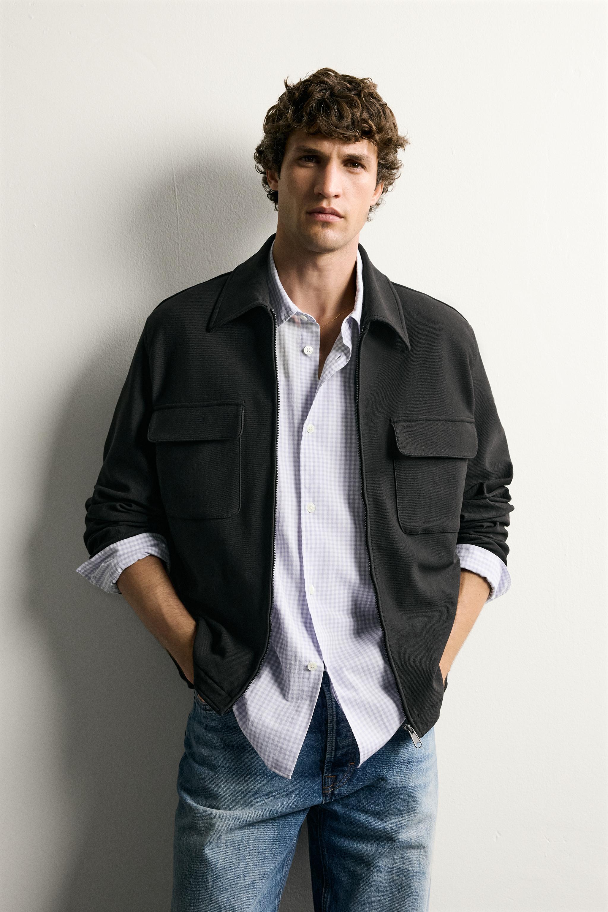 REGULAR FIT ZIP-UP OVERSHIRT — Black