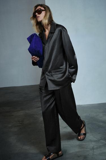 Zara SATIN LINEN BLAZER ZW COLLECTION - Charcoal
