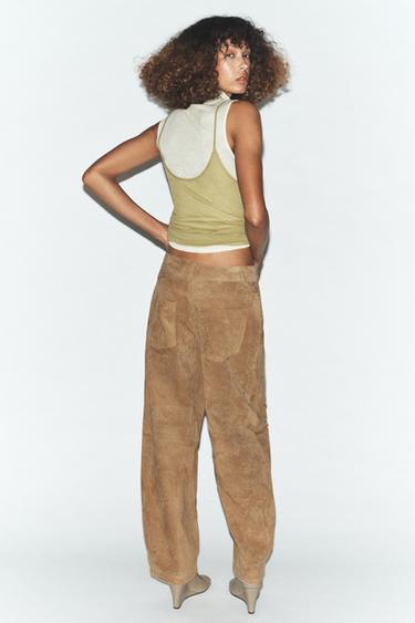 PANTALON 100% CUIR DAIM - Marron clair de Zara - Image 4