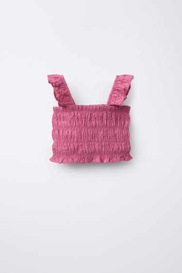 Zara SMOCKED EMBROIDERED TOP - Fuchsia