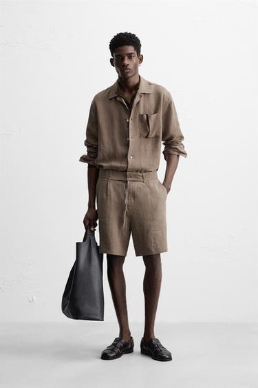 100% LINEN BERMUDA SHORTS WITH BELT - Brown / Taupe by Zara - Image 0