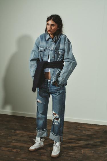 JEAN TRF DROIT DÉCHIRÉ TAILLE MOYENNE - Indigo de Zara