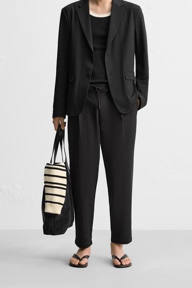 Zara 泡泡紗打褶長褲 - 黑色