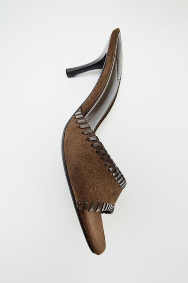 Zara TOPSTITCHED HEEL MULES - Brown