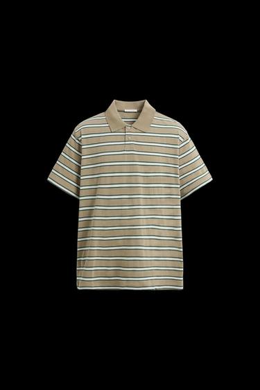 Zara STRIPED PIQUÉ POLO SHIRT - taupe brown