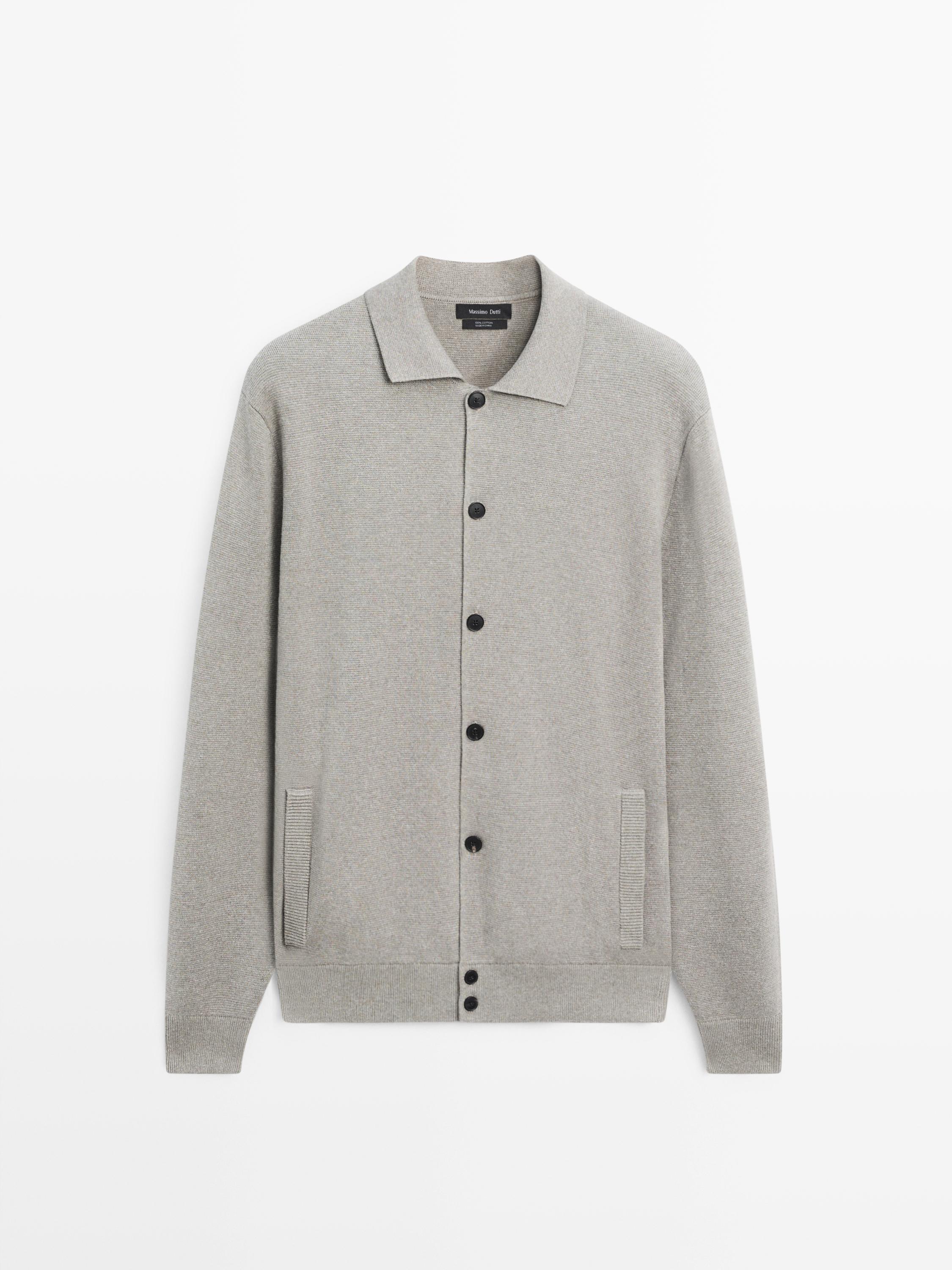 100% cotton knit cardigan with polo collar