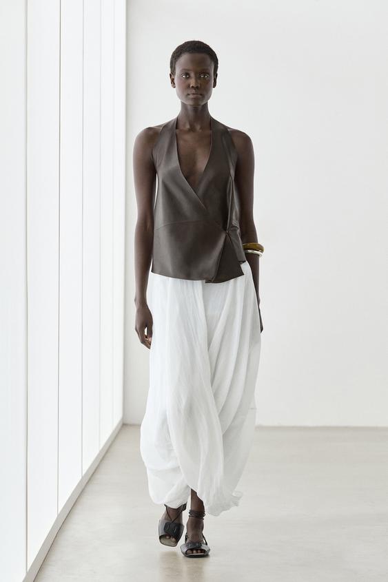 Crossover midi skirt with draped detail from Zara - $200