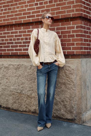 SUEDE EMBROIDERED FROG FASTENING BLOUSE - Ecru by Zara