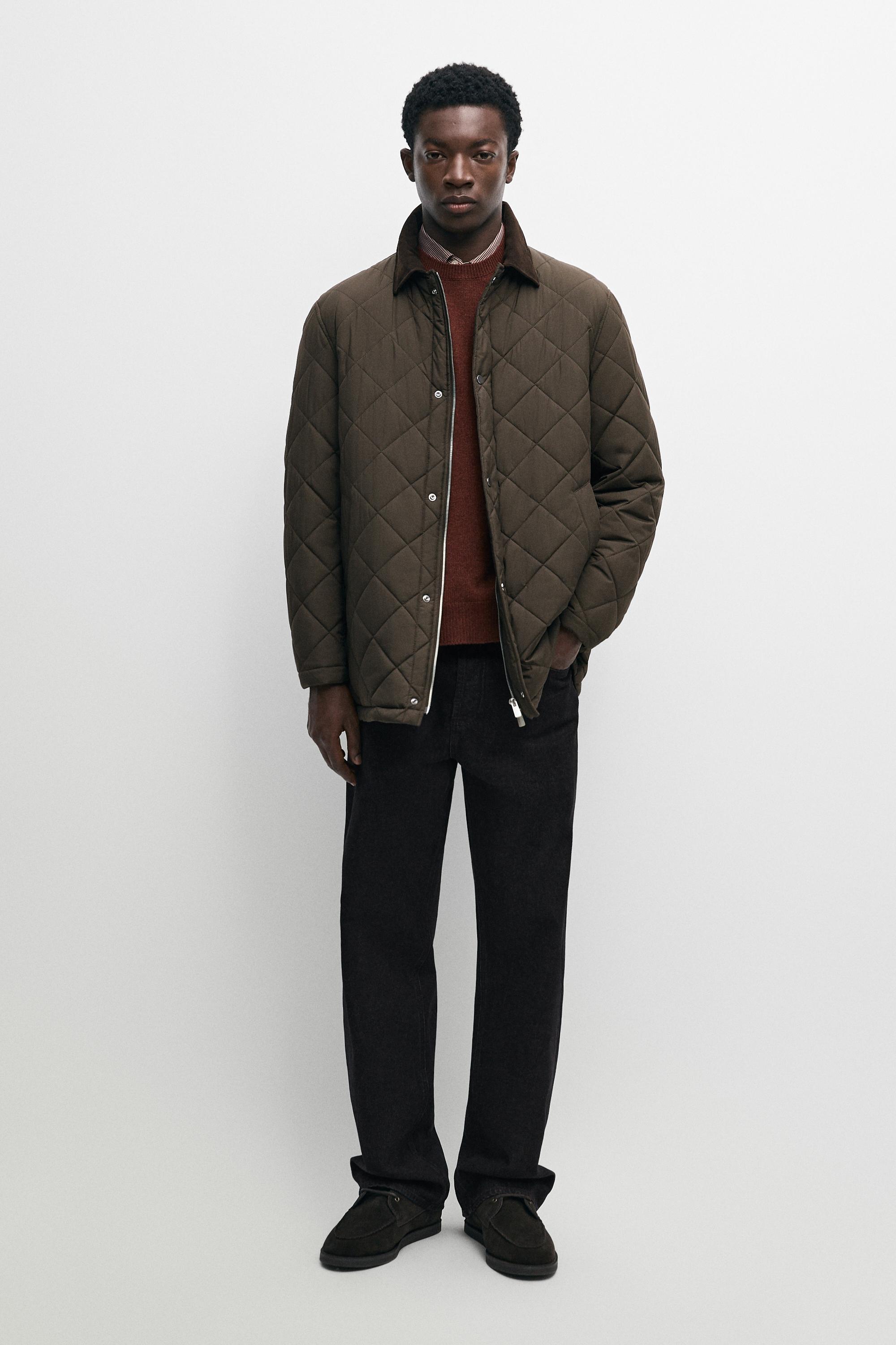 Veste longue matelassée col en velours côtelé