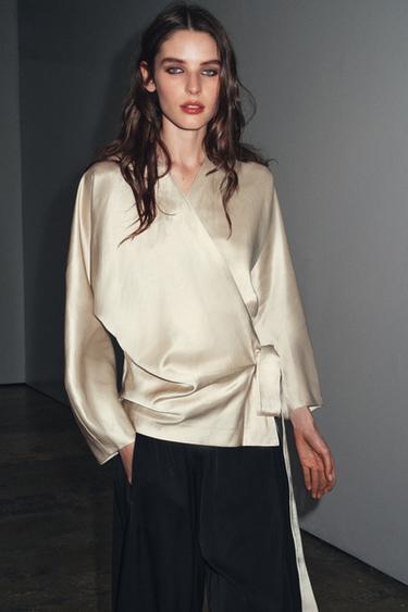 Zara ZW COLLECTION LINEN WRAP BLOUSE - Beige