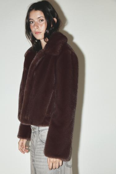 Zara FAUX FUR CROPPED JACKET - Tobacco