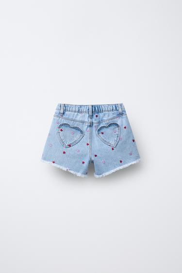 BERMUDA EN DENIM CŒURS BRODÉS - Bleu clair de Zara - Image 1