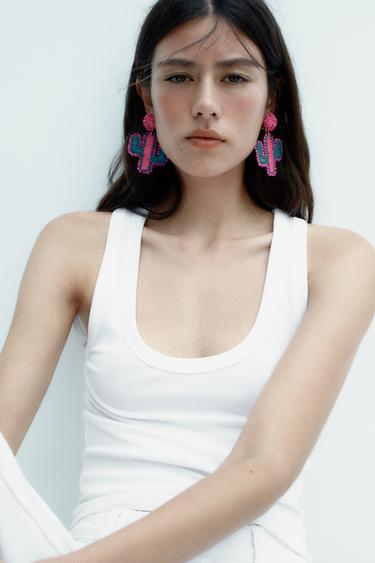 CACTUS RAFFIA RHINESTONE EARRINGS - Pink by Zara