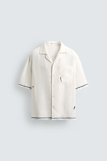 CONTRAST EMBROIDERED VISCOSE/LINEN SHIRT - White by Zara