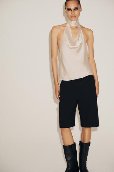FRINGED SATIN HALTER TOP - Sand by Zara