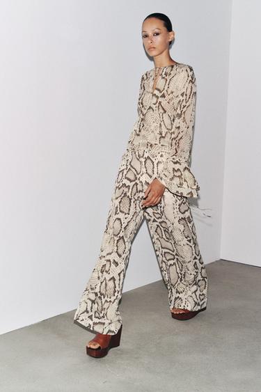 Zara ZW COLLECTION ANIMAL PRINT SEMI-SHEER PANTS - Khaki