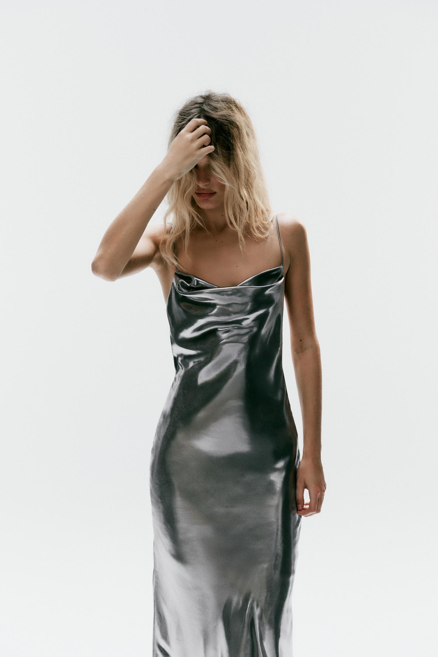 Женское платье Zara Draped Metallic-Effect Strappy, цвет: Серебряный — фото 3