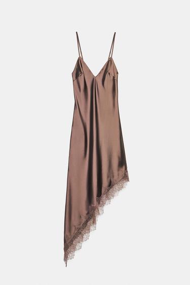 VESTIDO SATINADO ENCAJE - Chocolate de Zara