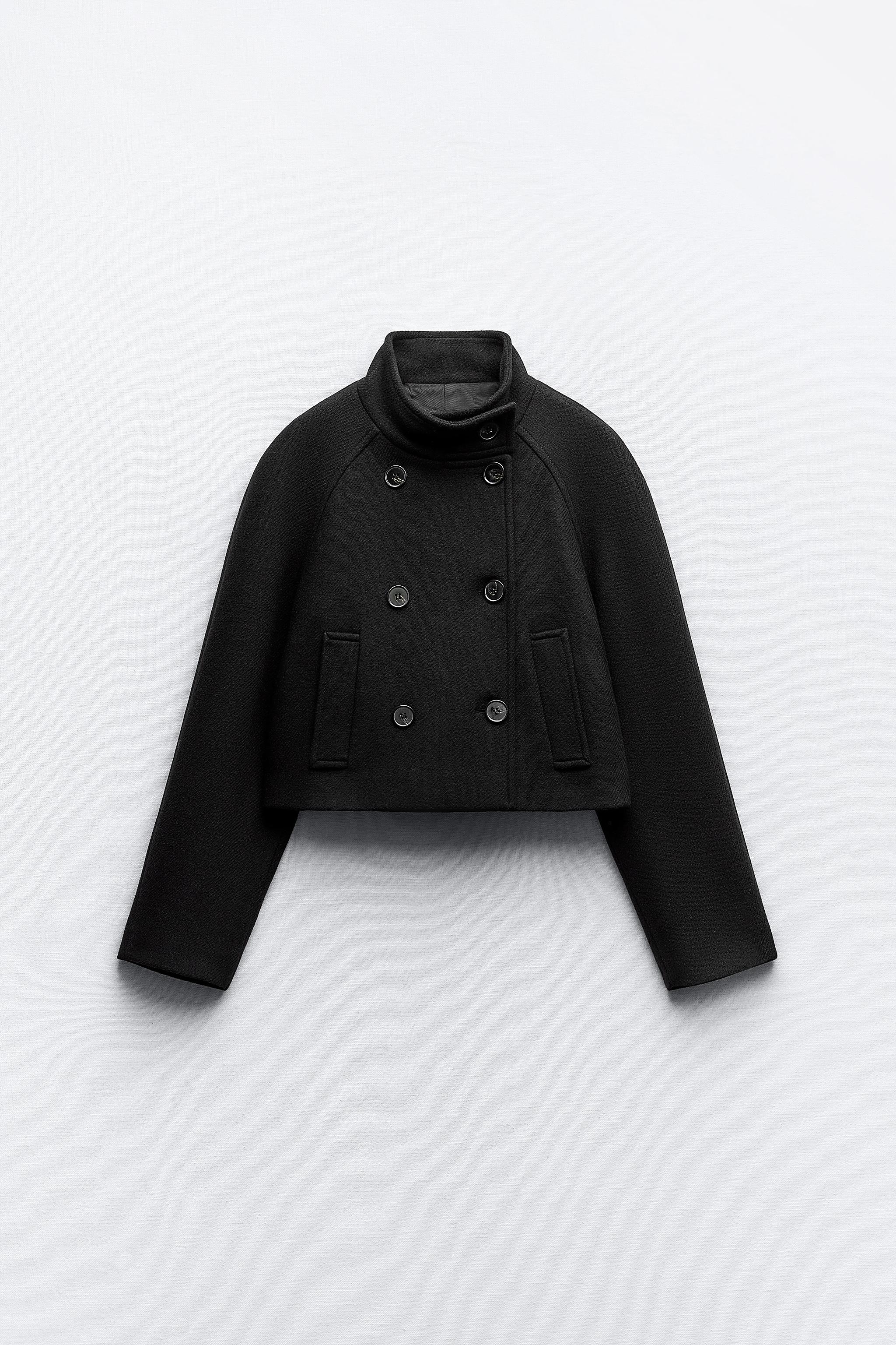 CROPPED WOOL BLEND DOUBLE BREASTED JACKET - Black