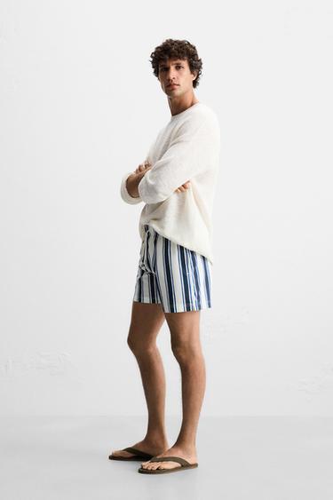STRIPED MID-LENGTH SWIMMING TRUNKS - Ecru / Blue by Zara - Image 4