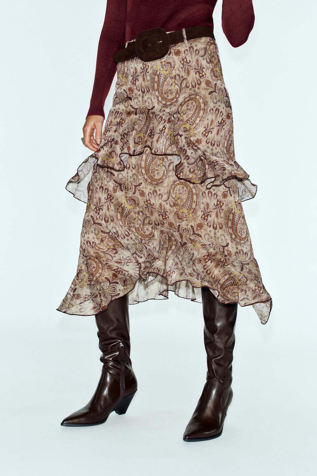 PRINTED RUFFLED BELTED MIDI SKIRT