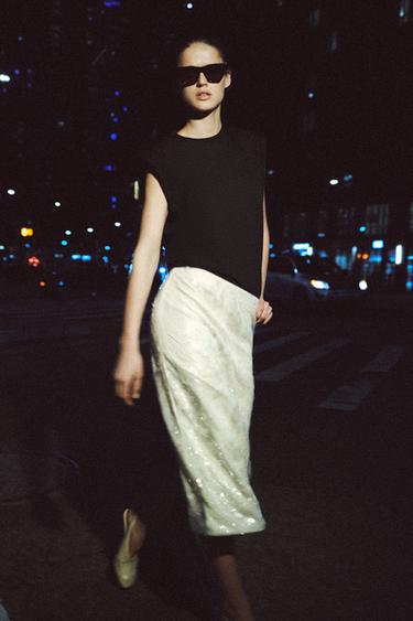 Zara ZW COLLECTION SEQUIN MIDI SKIRT - Oyster-white