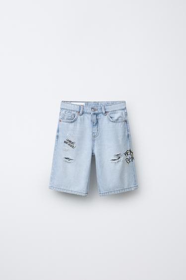 ДЖИНСОВЫЕ БЕРМУДЫ ПРЯМОГО КРОЯ С РАЗРЕЗАМИ И ГРАФФИТИ — ГОЛУБОЙ от Zara — изображение 0
