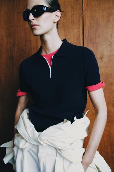 KNIT POLO SHIRT WITH ZIP - Navy blue by Zara