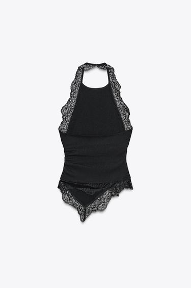 TEXTURED HALTER TOP WITH LACE - Black by Zara - Image 1