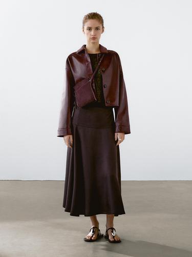 Zara Short shiny nappa leather jacket - Burgundy