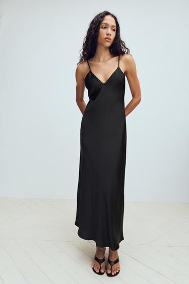 SATIN STRAPPY MIDI DRESS - Black by Zara