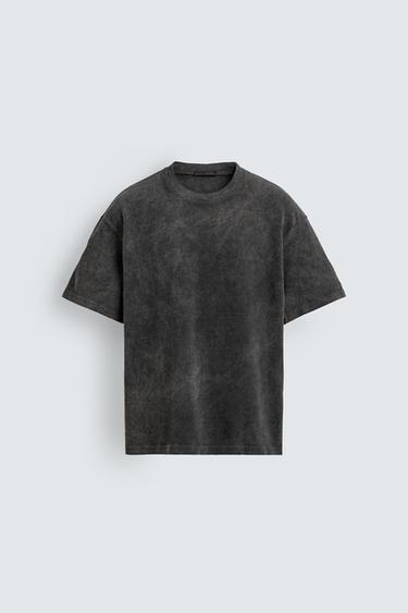 WASHED WAFFLE-KNIT T-SHIRT - Anthracite grey by Zara