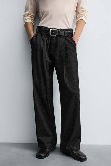 Zara 寬管褶飾牛仔褲 - 黑色