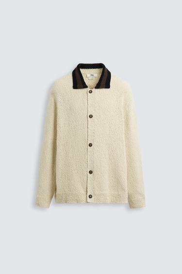 Zara CONTRAST COLLAR CARDIGAN - Ecru