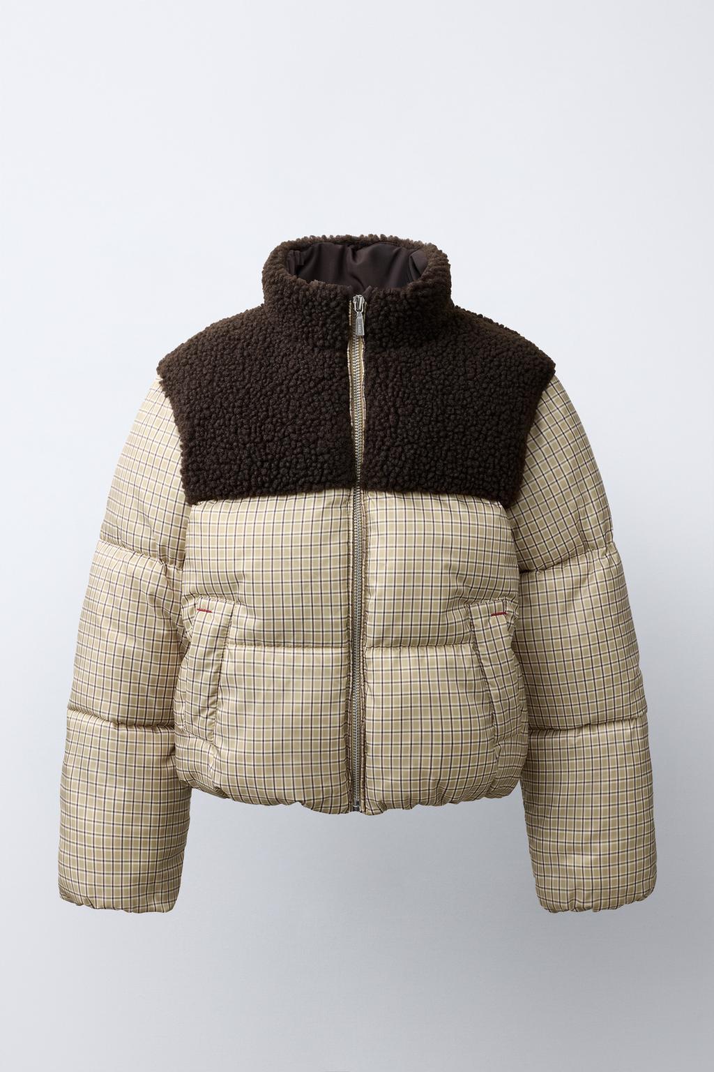 CHECK AND FAUX SHEARLING PUFFER JACKET
