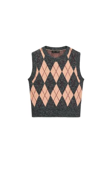 Zara KNIT ARGYLE VEST - Maroon Grey