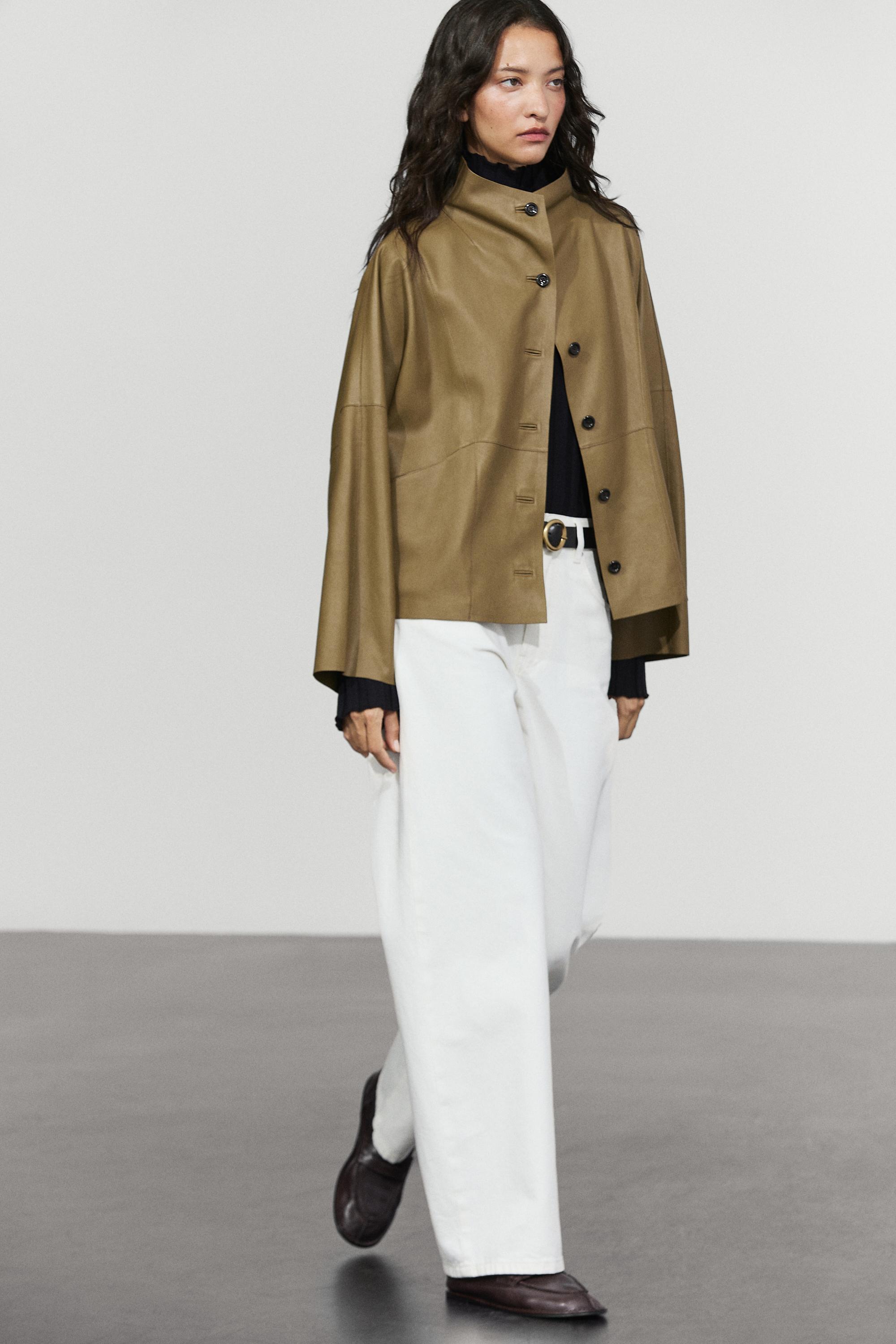 Stand collar nappa leather cropped jacket