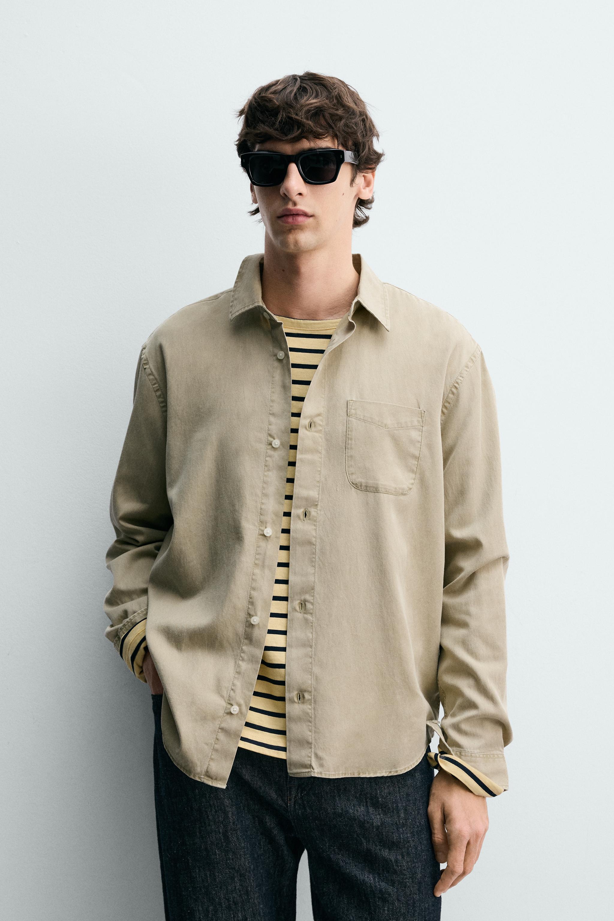 REGULAR FIT LYOCELL/COTTON SHIRT — Greenish